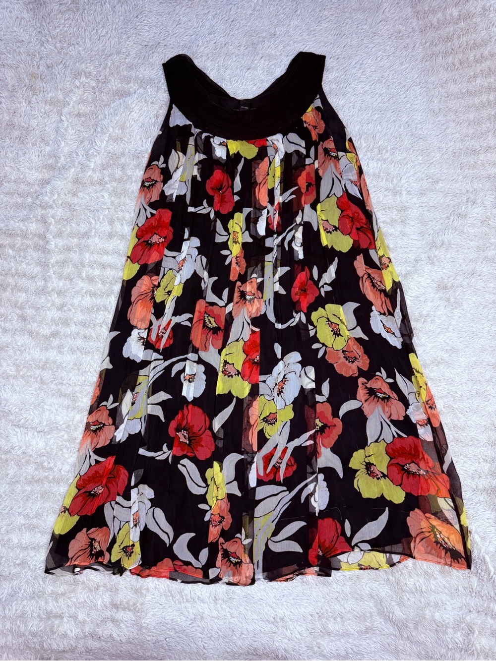 Vintage Floral Silk Flowy Dress in Black with Red & Yellow Blooms
